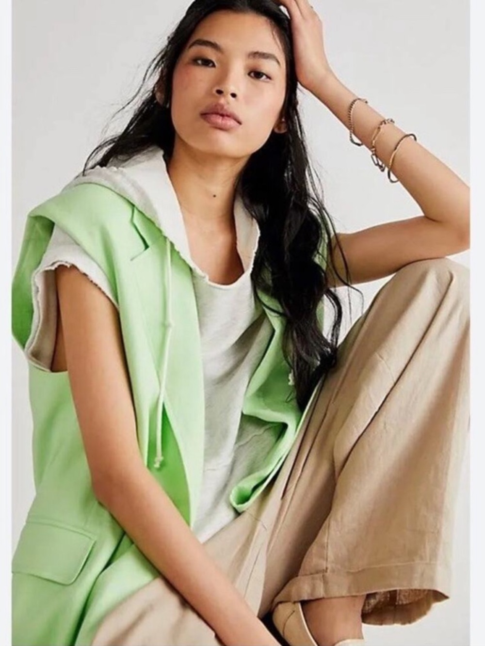 NWT Free People Linen Cotton Oversized Vest Shoulder Pad Long Length Lime Neon